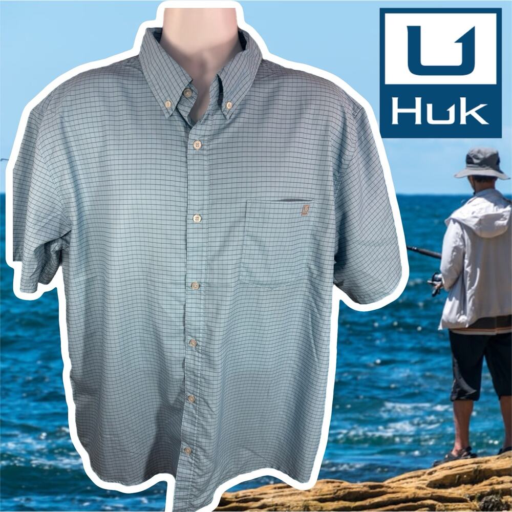 Huk Blue Checker Stretch Button Up Shirt 2XL